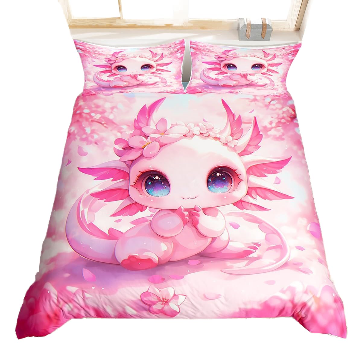 Homewish Kids Kawaii Axolotl Bedding Set Double Cartoon Sea Creature Comforter Cover Pink Cherry Blossoms Duvet Cover Wildlife Animals Reptile Bed Cover For Kids Girls Boys Bedroom Decor