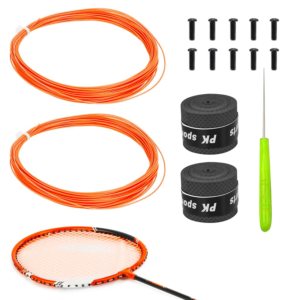 PROBEROS® Badminton Racket Strings Set, for 2 Rackets, Replacement String Repair Kit with Accessories & Tools, Nylon Fiber Strings, 0.78mm, Tension 26lbs, 10m Long Per Roll, Orange