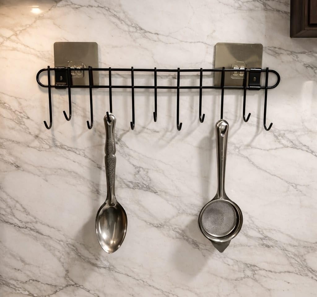 Wall Mounted Kitchen Utensil Hanger with Adhesive Hooks | Heavy Duty Metal Spoon & Ladle Holder Rack | No Drilling Kitchen Organizer for Cooking Tools, Cups & Accessories (Black)-image-39