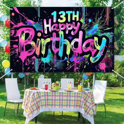 Image of HOMETITUTE Neon 13th Happy Birthday Banner 71x43 Inch Paint Splatter Glow in The Dark Party Backdrop Colorful Wall Decor for Teens Boys Girls Thirteenth Birthday Celebrations Props Event Supplies
