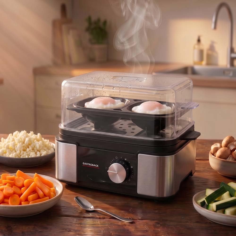 GASTROBACK Mini Eierkocher 6 Eier Edelstahl - Egg Cooker Electric | Abschaltautomatik - Egg Boiler Automatischer Signalton - Eierkocher Testsieger Klein Schwarz inkl. Eierstecher