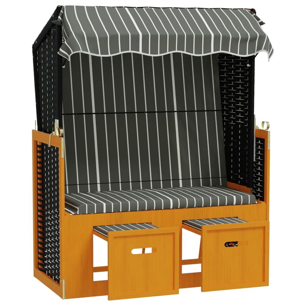 Bussandri Exclusive - Strandkorb mit Dach Poly Rattan und Massivholz Schwarz & Grau