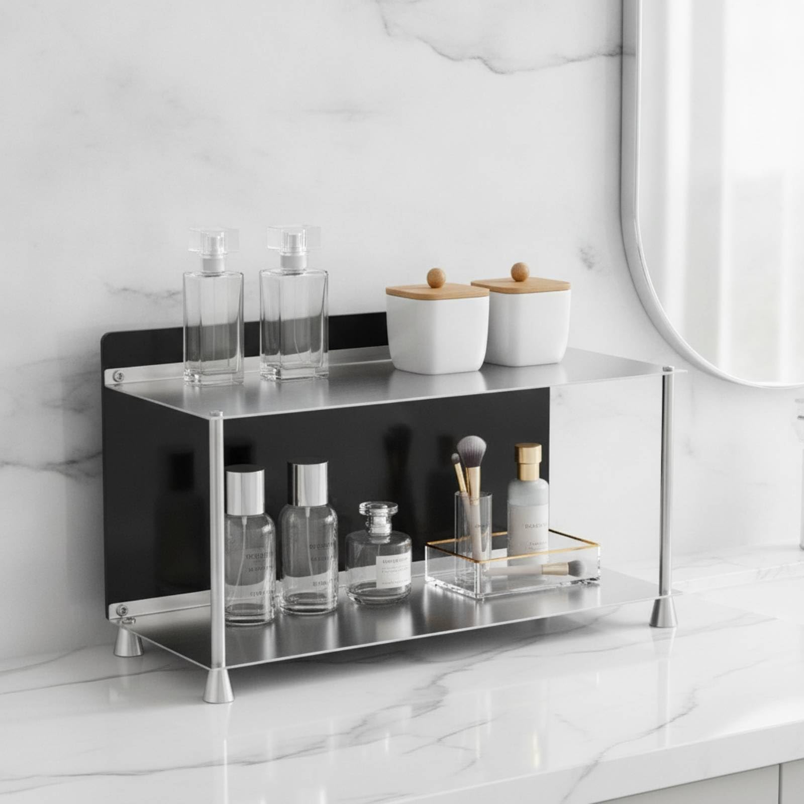 Doppelter Ablage Organizer Regal Stand Schrank Einsatz Aufbewahrung mit Edelstahl Und Acryl Zweistufig Platzsparend Und, Transparent, Modern, Minimalistisch, Zweistöckiges Regal