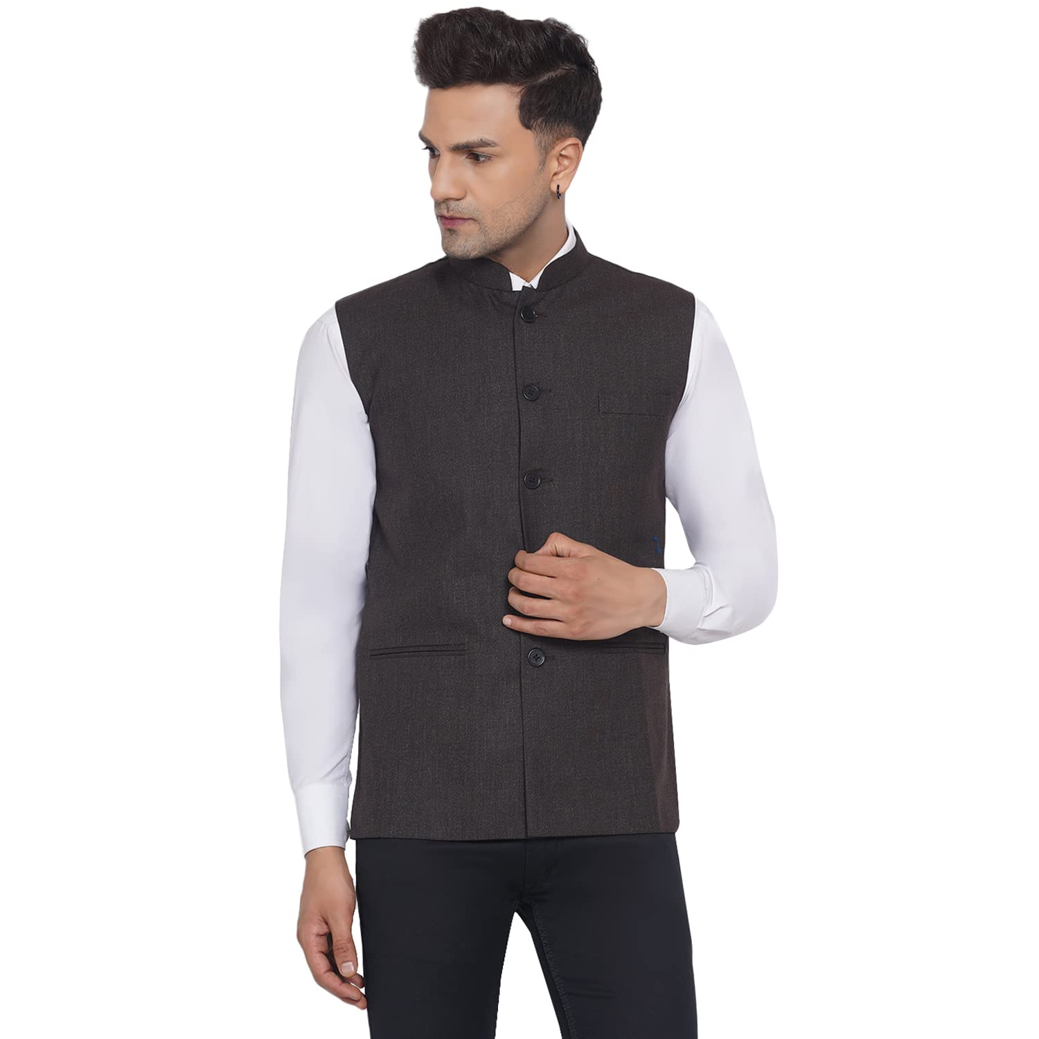 Men's Slub Plain Nehru Jacket (Brown)-image-16