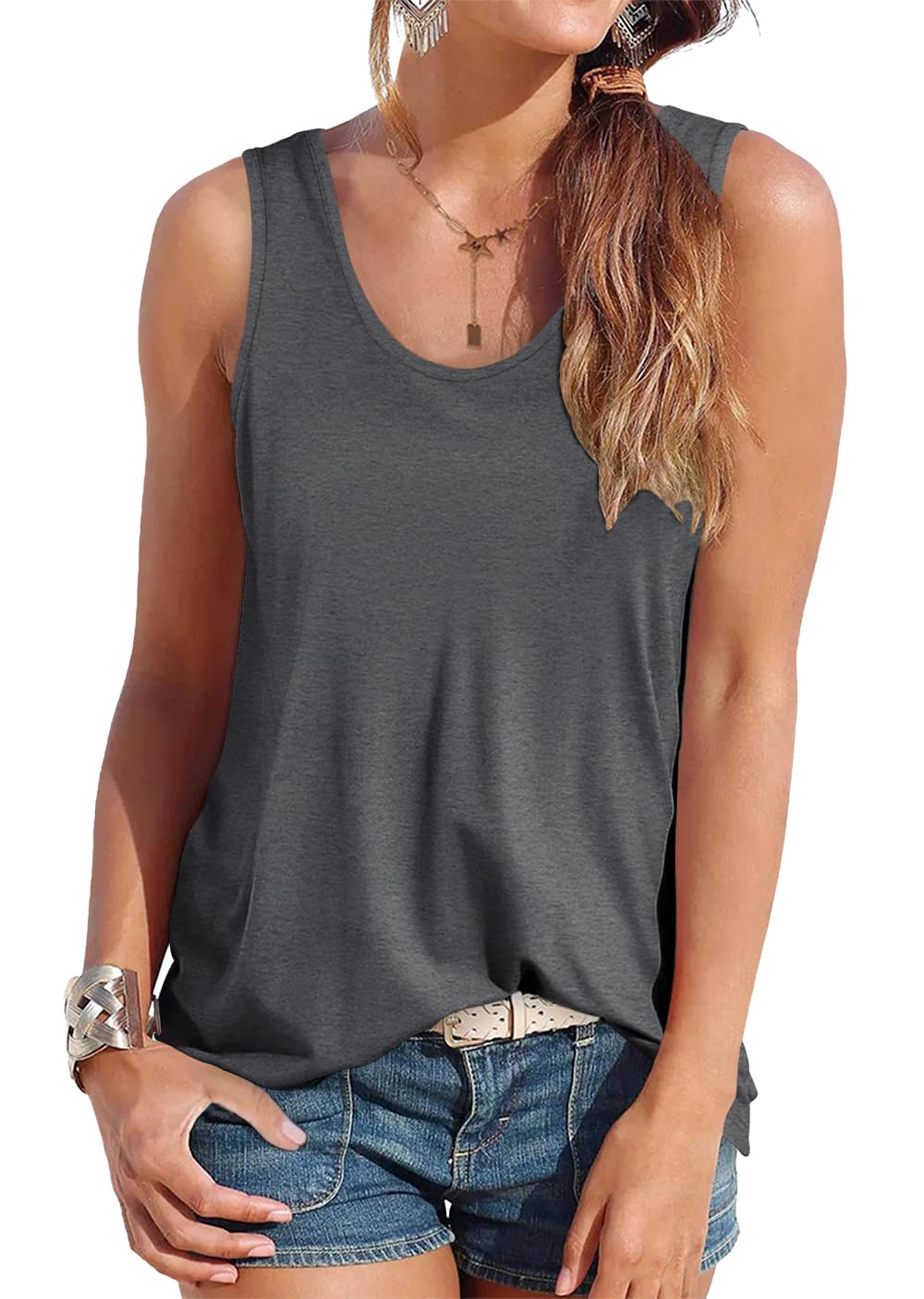 Smile Fish Women Scoop Neck Flowy Loose Fit Tank Top Sleeveless Summer Tops Shirts