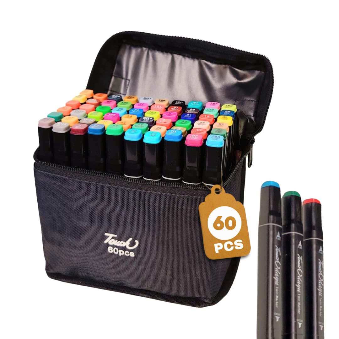 Colouring Pens: 60 Dual Tip Alcohol Markers - Marker Set for Adults, Marker Pens Set for Artists - Double Tip Art Marker for Drawing, Sketching, Anime and Mange - Includes Carrying Case