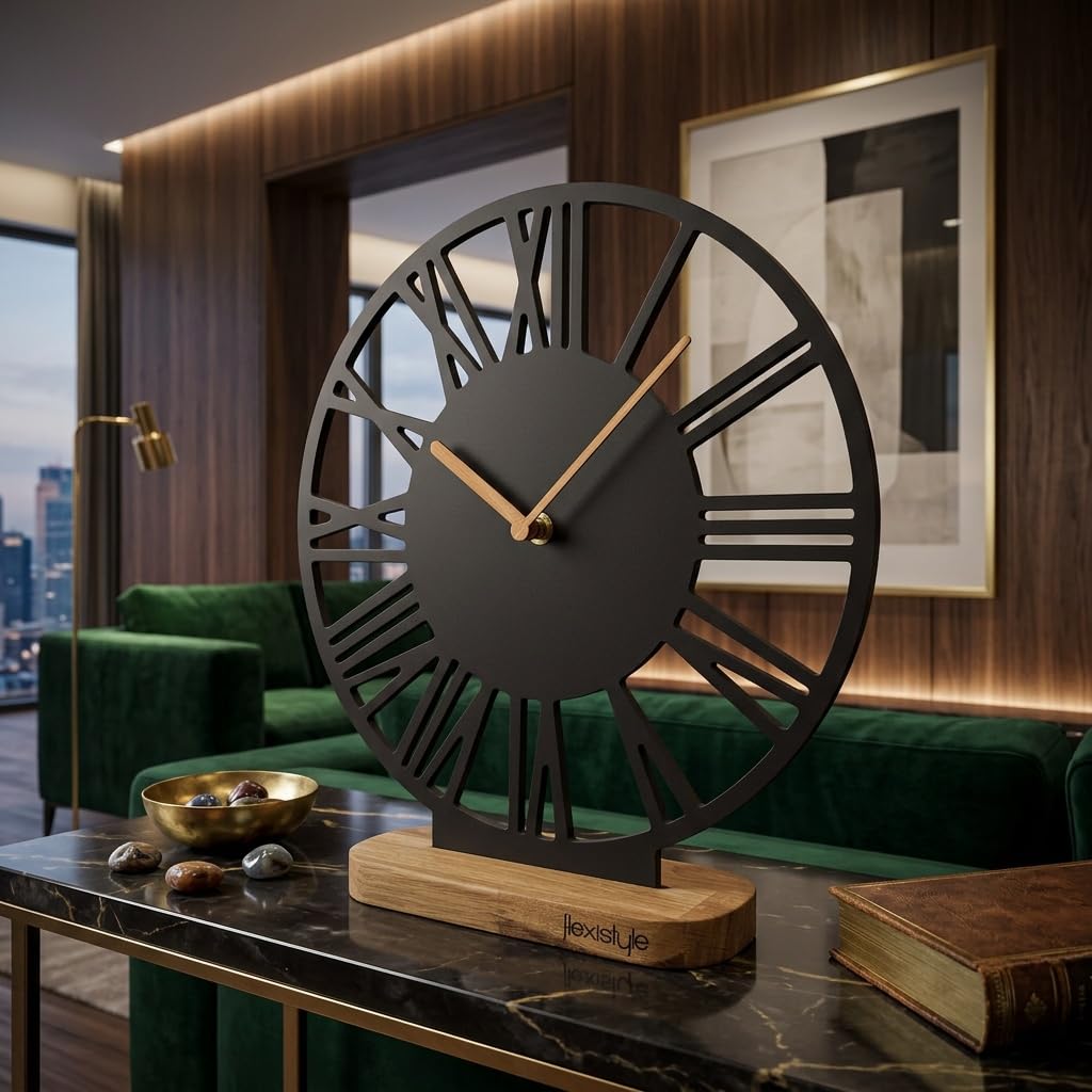 FLEXISTYLE Stehende Uhr aus Holz Eiche 30 cm – Moderne Tischuhr, Standuhr mit Lautlosem Quarzmechanismus ohne Tickgeräusche, Minimalistisches Design für Wohnzimmer, Büro & Schlafzimmer