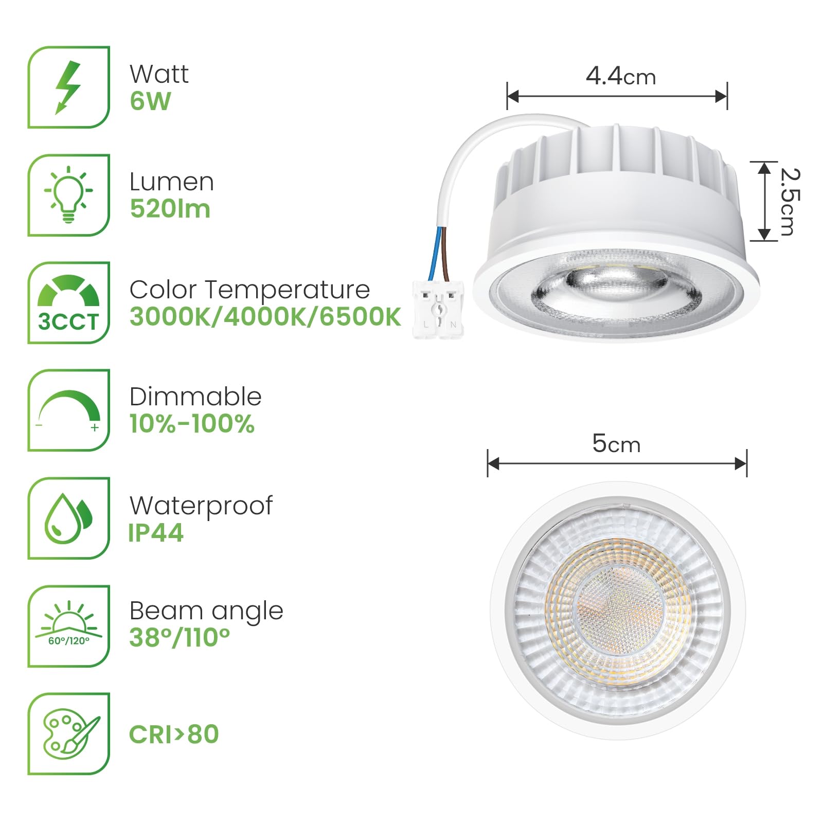 CLAR - LED Modul 230V, Einbaustrahler LED, Deckenstrahler, LED Einbaustrahler 230V, Deckenspots, Spots Dekenleuchte, Badbeleuchtung, Deckenleuchte Dimmbar, Einbauleuchten White 6W CCT 38º (Pack 10)