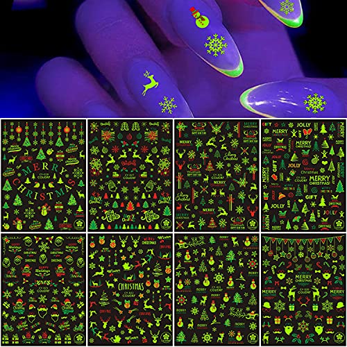 Christmas Nail Art Stickers 3D Luminous Xmas Nail Decals Winter Snowflake Nail Art Supplies Christmas Nail Designs Snowflakes Reindeer Snowman Santa Claus Bell Tree Nail Decorations (8 Sheets)