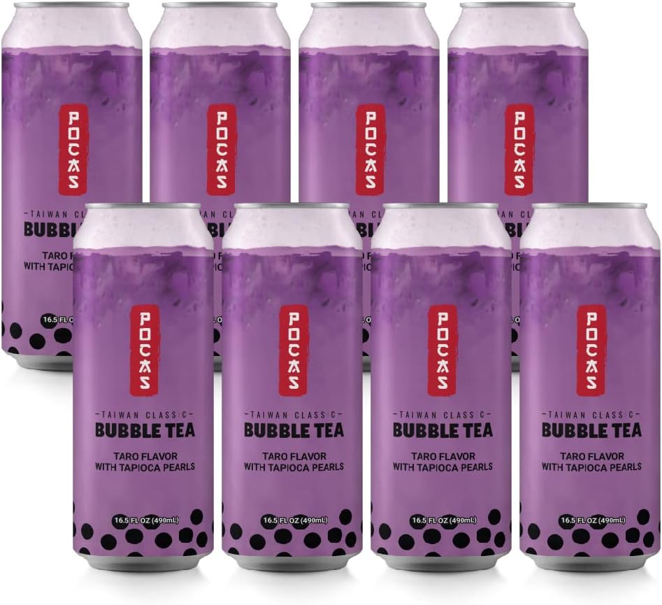 Bubble Tea with Tapioca Pearls, (Pack of 8, 16.5 oz), Asian Drinks, Refreshing Milk Tea with Boba Pearls (Taro)