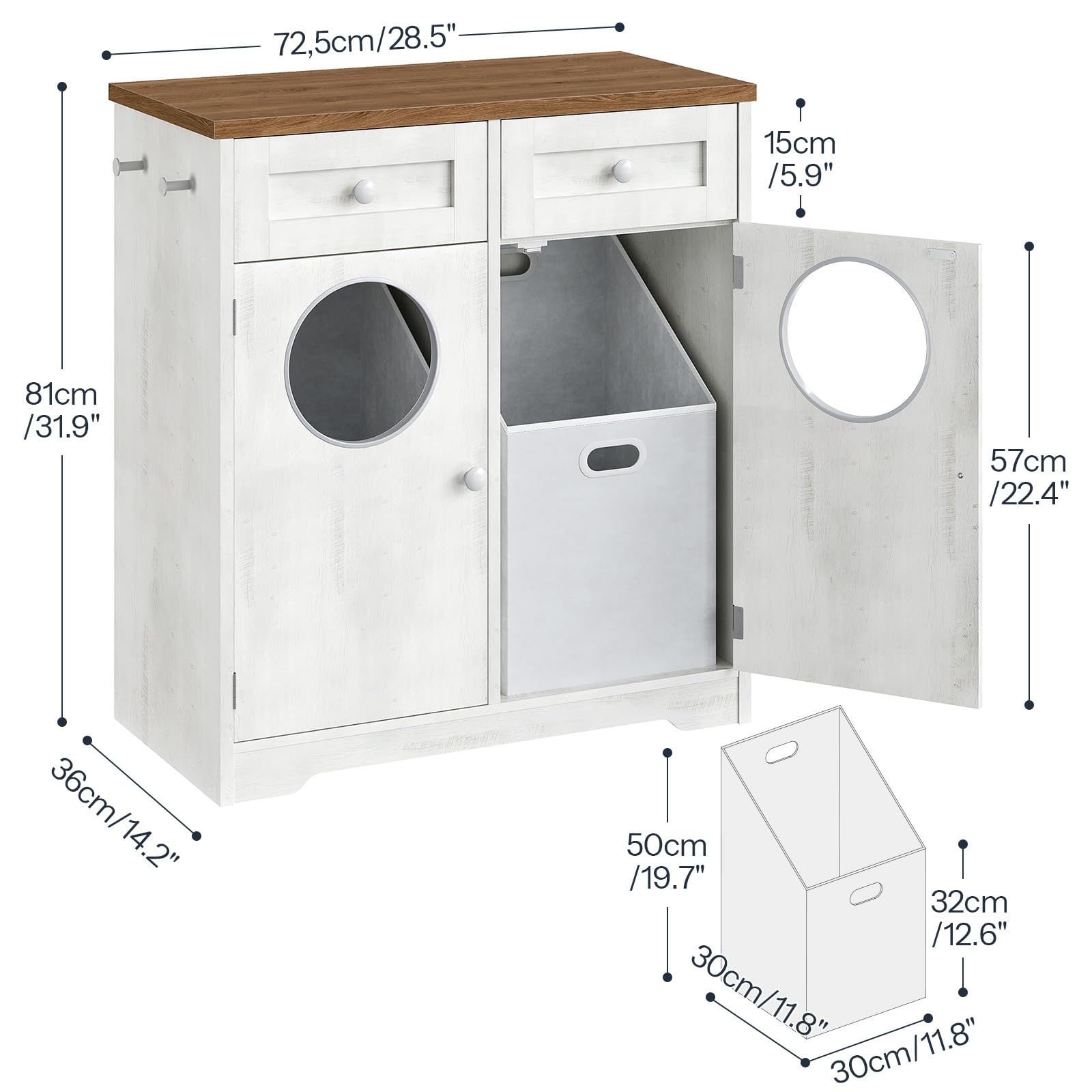 HOOBRO Mobile Portabiancheria per Bagno con Doppio Cesto Portabiancheria Inclinabile, Mobiletto Bagno con 2 Cassetto, 2 Sportelli, per Bagno, Lavanderia, Bianco e Noce EWHZ36XY01