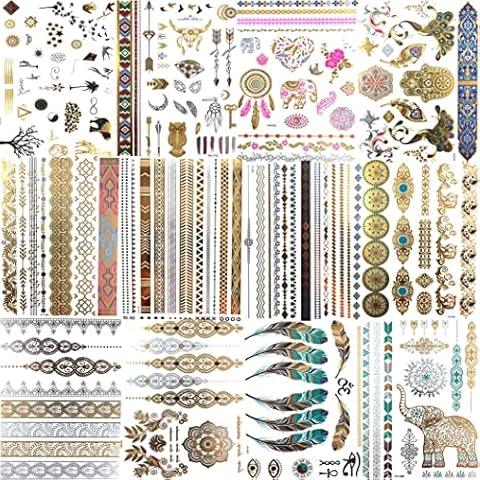 Shegazzi 12 Sheets 130+ Patterns Gold Temporary Tattoos For Women Girls Teens, Festival Fake Jewels Flash Tattoos Sticker Adults, Summer Glitter Metallic Tattoos Body Art Decals Golden Mandala Flower Cover