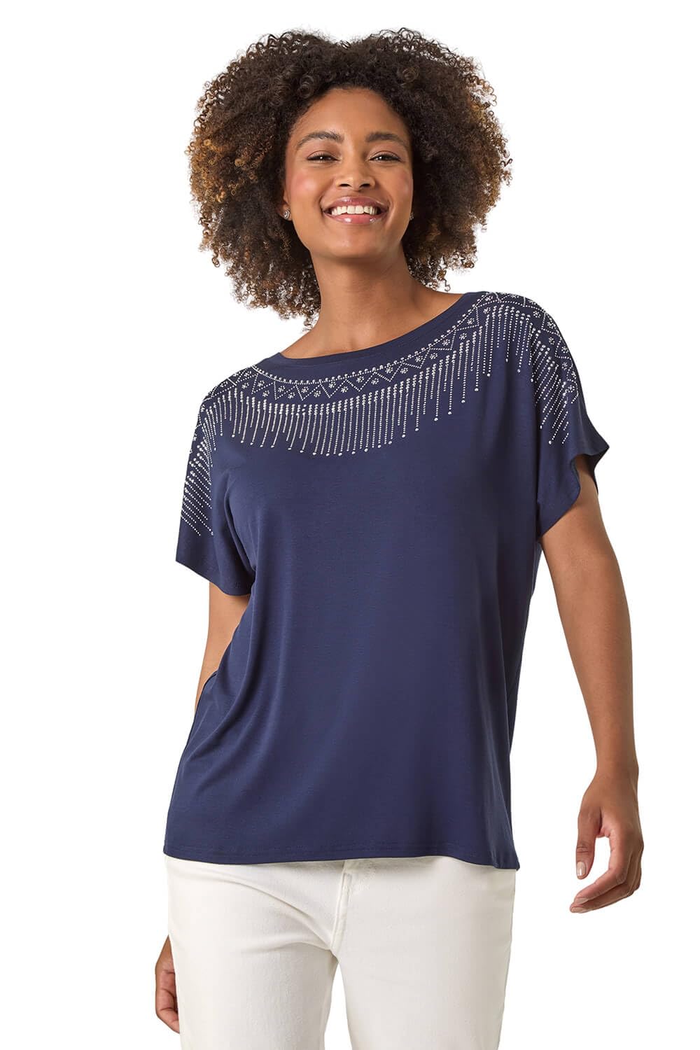 Roman Originals Women's Navy Sparkle T-Shirt For Uk - Tee Shirt Summer Top Holiday Day Causal Short Sleeve Blouses Round Crew Boat Neck Lightweight - Size 16