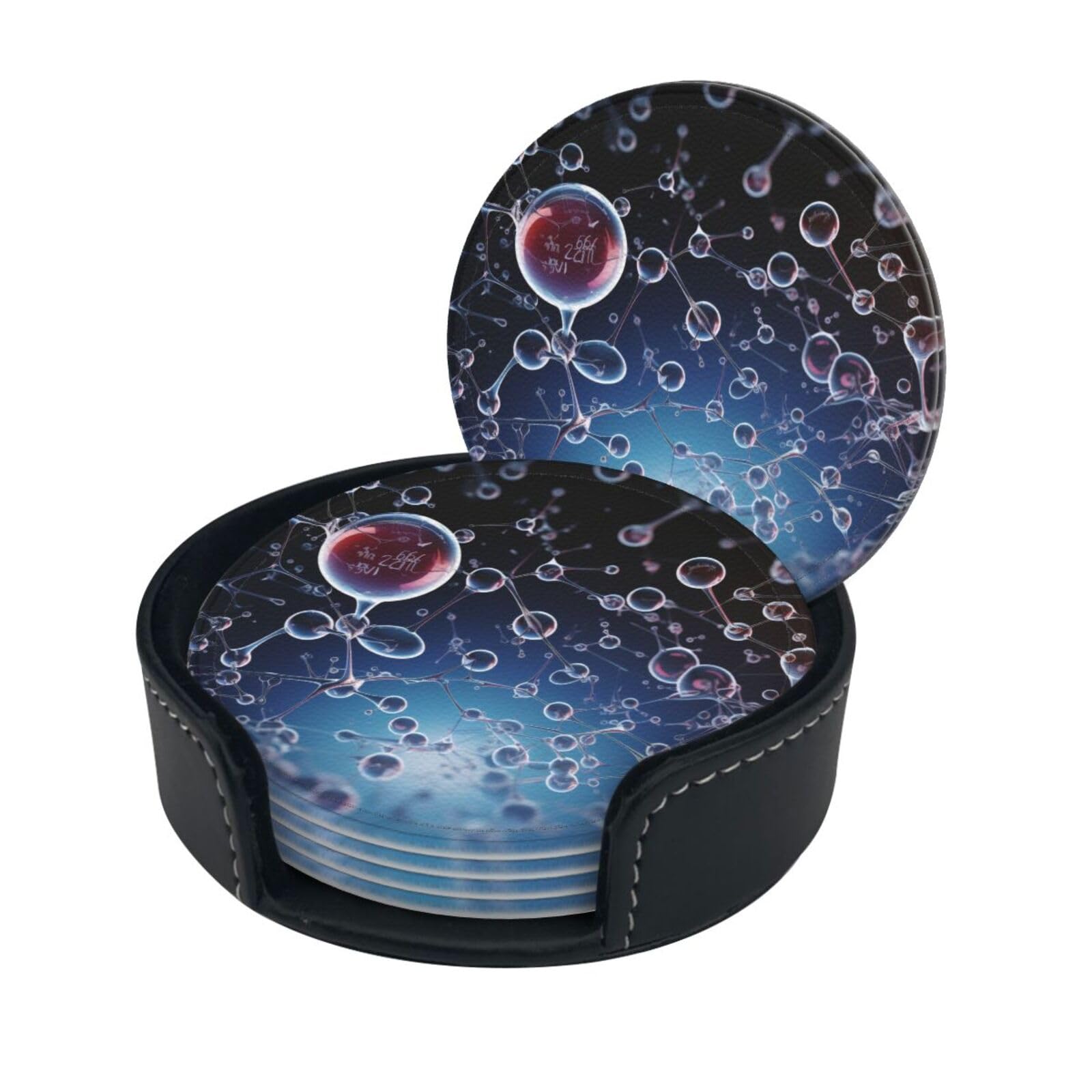 Stylish Coasters - Abstract ScienceSet of 6 Round Leather Drink Coasters with Holder - Perfect Size for Cups and Glasses