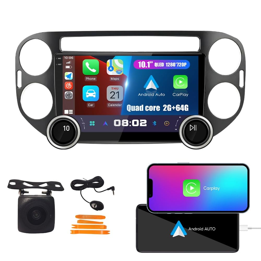 - Display Knobs CarPlay/Android Auto Autoradio Android FM Radio Navigation Stereo Pad Player GPS 10.1" QLED Touch Screen BT WiFi 2 Din Headunit Tablet for VW Tiguan 2007-2016 Quad Core 2G+64G Black