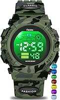 Facasu Camo Sports Watch for Boys: Waterproof Kids Digital Watch with 7-Color Light, Alarm, Snooze, Stopwatch, Military Silicone Band (8+ Years)