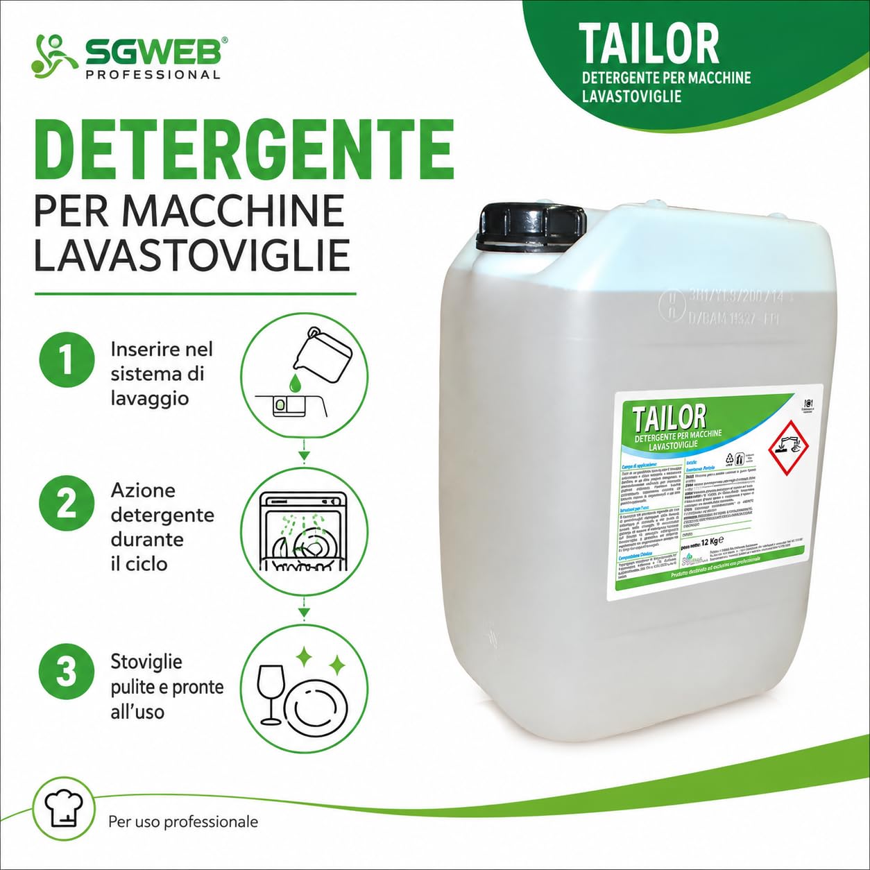 Detergente Lavastoviglie Professionale 12 kg, Detersivo Liquido per Macchine Lavastoviglie, Pulizia Stoviglie, Piatti, Bicchieri e Posate, Formato Tanica per Ristoranti e HO.RE.CA