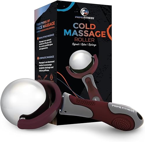 PRIME Fitness Bola de rodillo de masaje frío  Terapia de frío  Bola de rodillo de hielo con mango  Cryo Stick  Alivia el dolor muscular (granate)