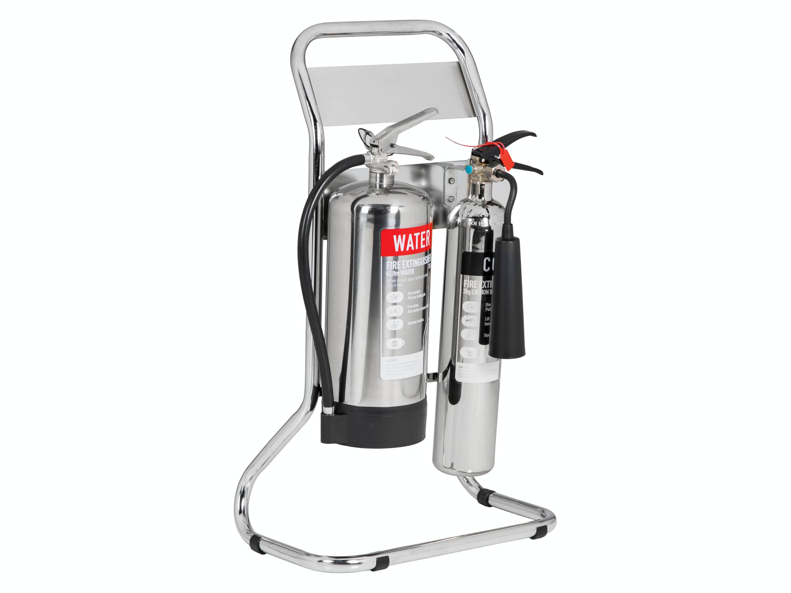The Workplace Depot Chrome Twin Fire Extinguisher Stand – Holds 2 Extinguishers (2‑9Kg), Or Red Powder-Coated Tubular Steel Frame, Tool-Free Assembly – Office, Warehouse & Showroom Safety (Chrome)