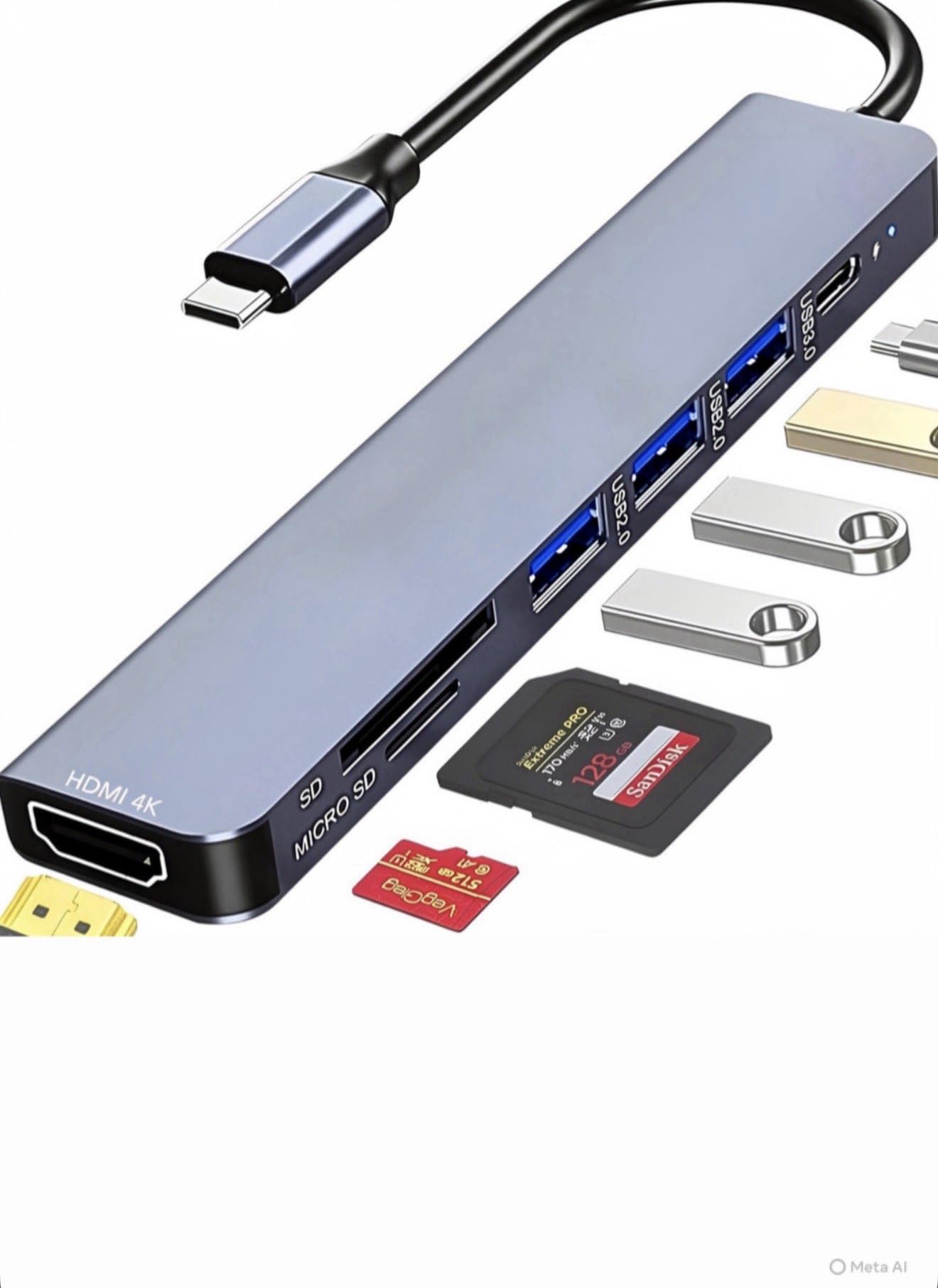 Adaptador Hub 7 em 1 Premium, USB-C, Saída HDMI 4K, USB 3.0 e USB 2.0, Leitor de Cartão
