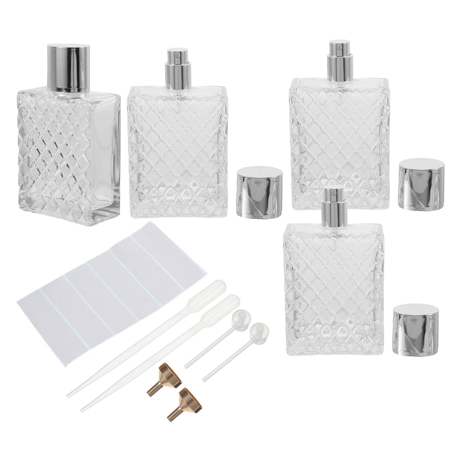 VILLCASE 4 Stück Quadratische Parfümzerstäuber 100ml aus Klarglas mit Silberner Kappe und Sprühpumpe Inklusive Trichter und Aufkleber Wiederbefüllbare Duftflaschen für Reisen und Alltag