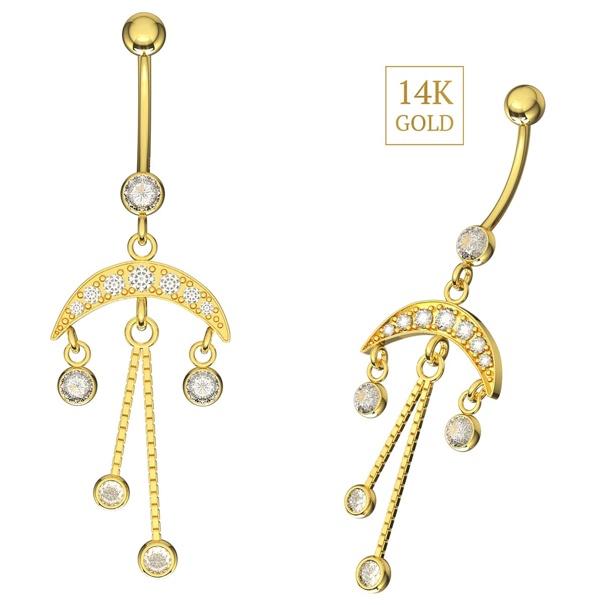 Piercing para el ombligo de oro amarillo macizo de 14 quilates con circonita cúbica y cadena italiana, joyería de ombligo de 14 quilates, calibre 14, 14 Gauge - 12mm Length, Circonia
