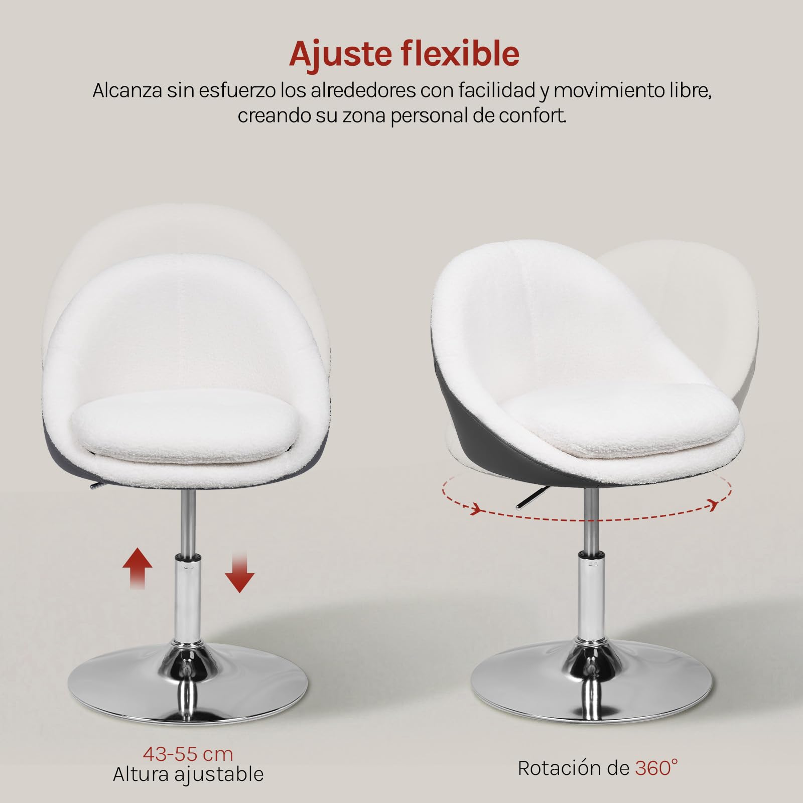WOLTU Silla Tocador Maquillaje, Taburete de Tocador con Respaldo PU, Silla Giratoria 360°, Altura Ajustable, Funda de Tejido Polar Teddy, para Vestidor Dormitorio Estudio, Carga 150 kg, Blanco+Gris