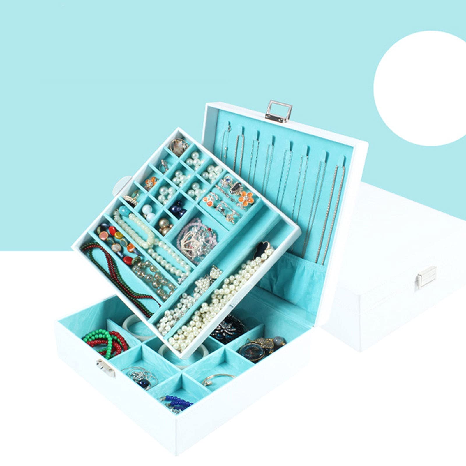 Organizadores de maquillaje Caja de joyería de viaje de cuero de PU de lujo Organizador Vitrina de doble capa para niñas Mujeres Anillos de regalo Pendientes Collares Estuche de joyería de