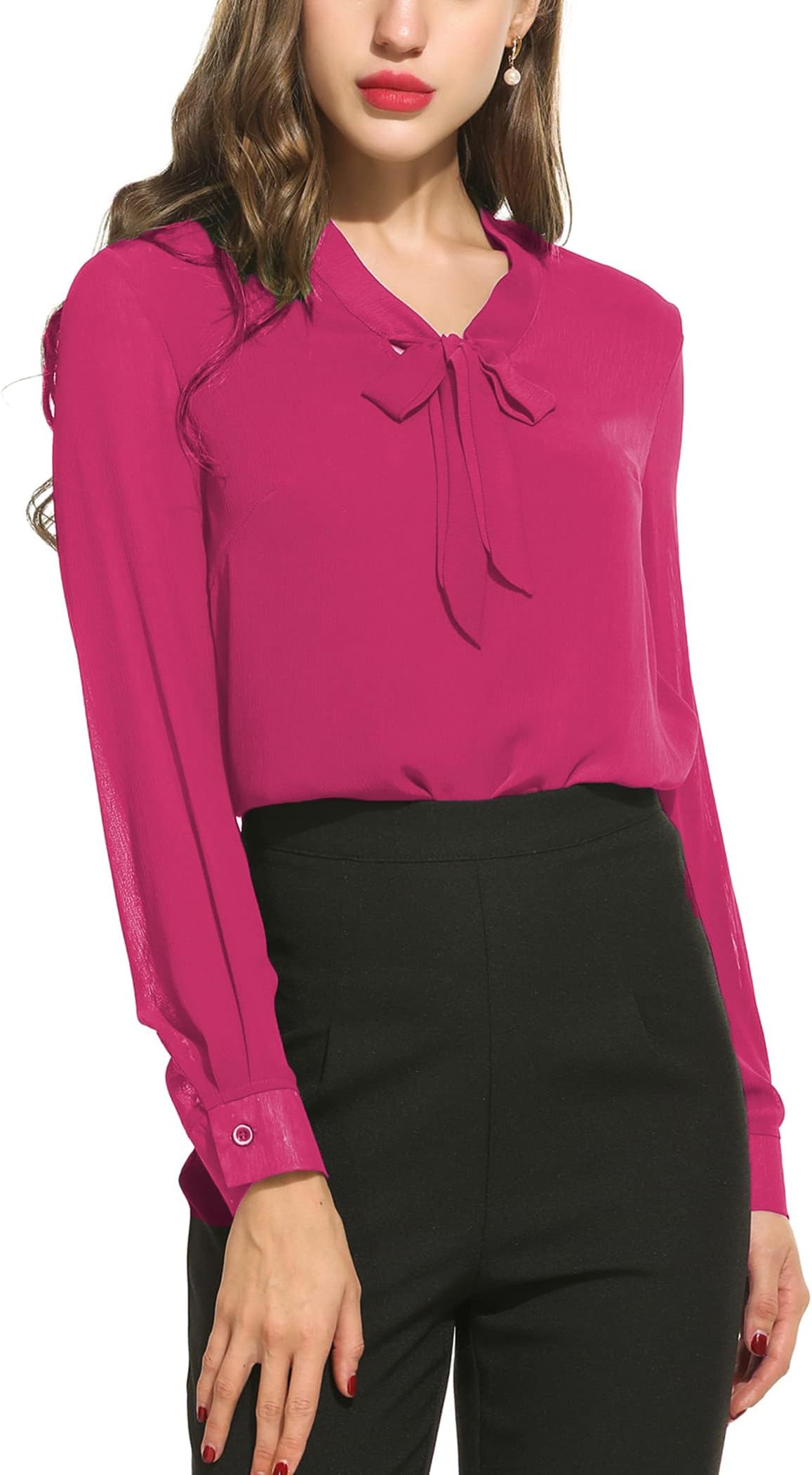 ACEVOG Hot Pink Blouses for Women Elegant Pussy Bow Chiffon Long Sleeve Shirt Work Casual Tops Hot Pink Small