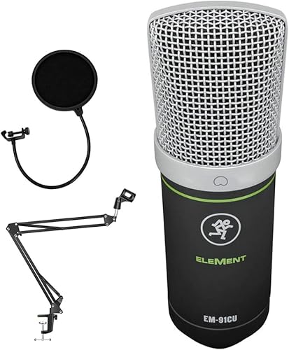 Mackie Paquete de micrófono de condensador USB EM-91CU con soporte de brazo de tijera y filtro pop