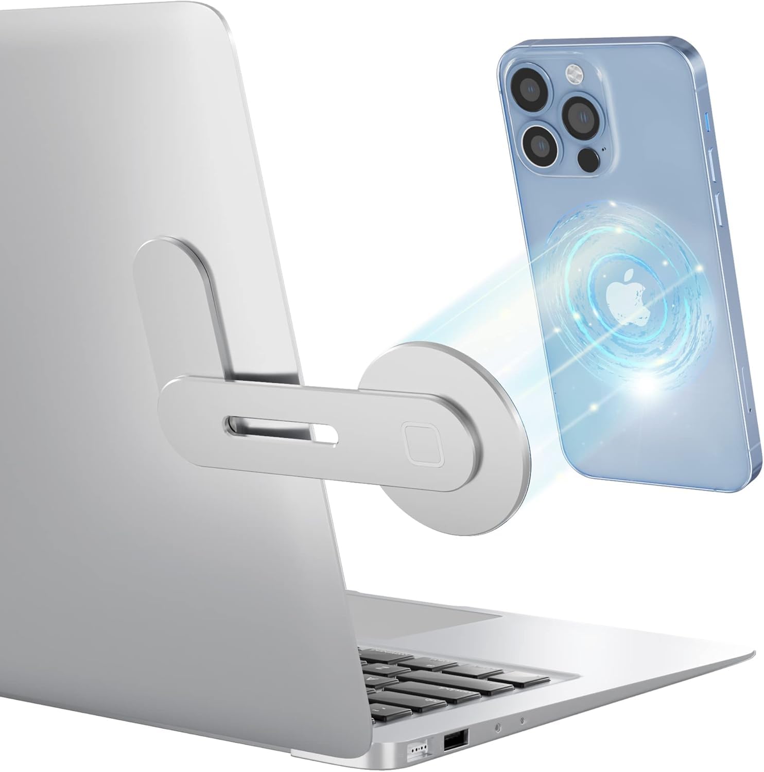 GadgetBite Magnetic Laptop Mobile Holder for Home Office Outdoor Compatible with Magsafe MacBook Mobile Stand for iPhone 16 15 14 13 12 Series (Silver)-image-23