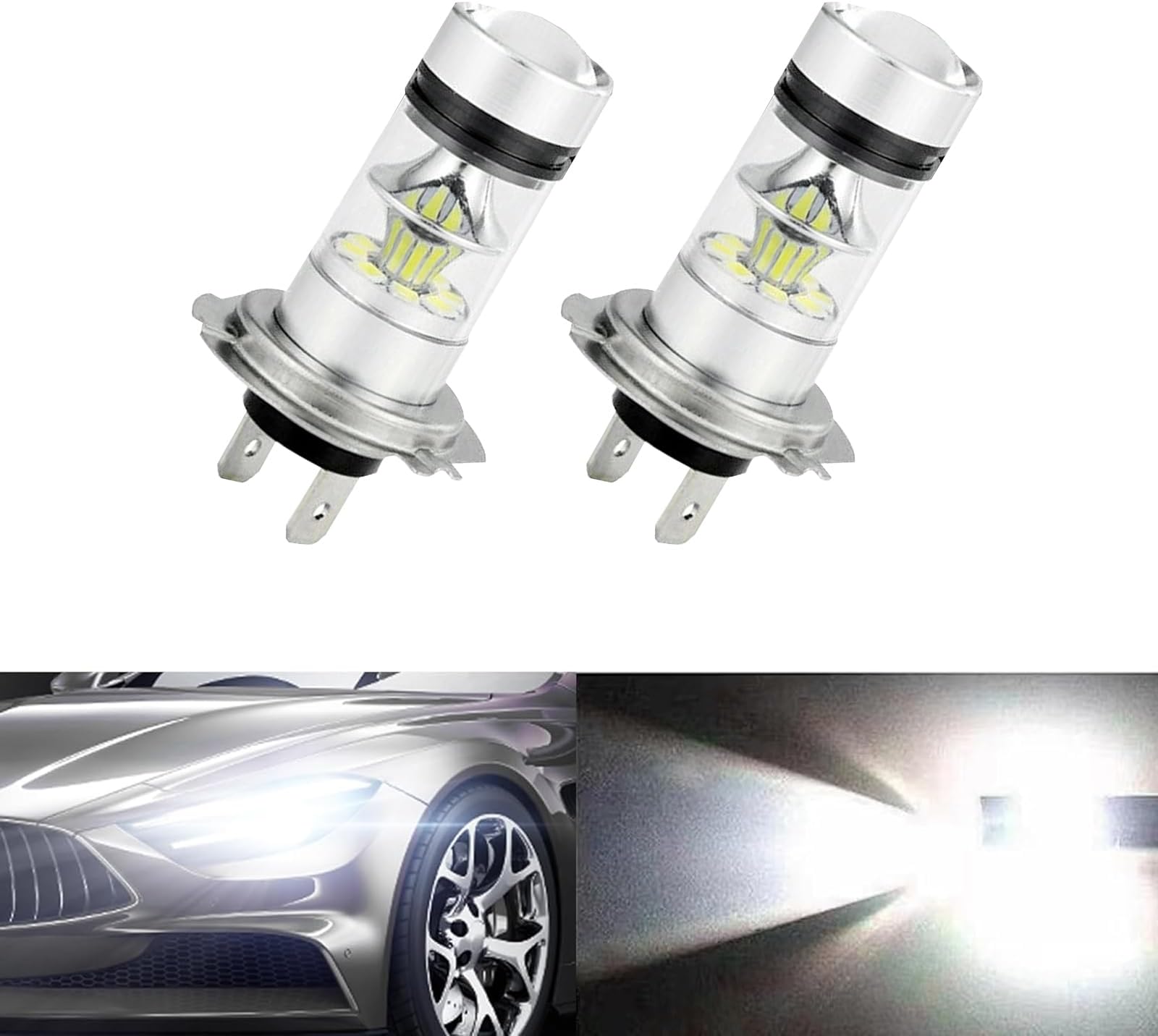 2 PCS H7 LED Car Fog Light Bulbs – 12V 100W Low Beam Lights with 6500K White Front Light & Daytime Running Lights. Features Built-in Lens, Plug-and-Play Design. Universal Fit for Most Vehicles.