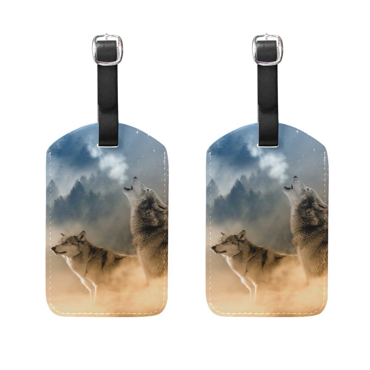 Ethel Ernest PU Leather Labels Tag Wolves Soaring To The Moon Luggage Tags Travel ID Bag Tag for Baggage Suitcase, 2 Pieces