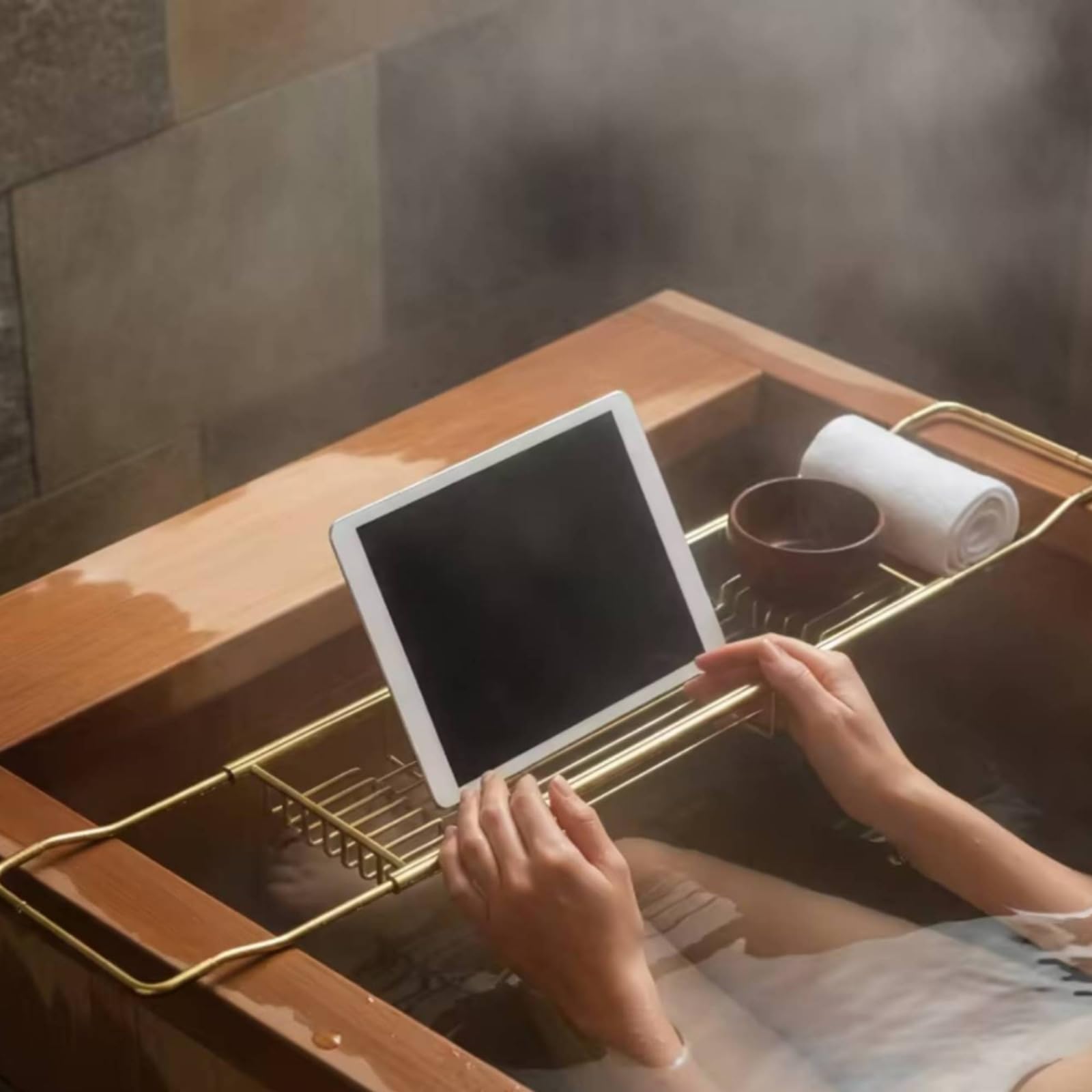 kowaku Mensola Vasca da Bagno Vassoio Vasca Ripiano Vasca Portavassoio Vasca Telescopico in Acciaio Inox con Supporto per Telefono E Vaschette Accessori, Oro Leggero Di Lusso, Versione Estesa
