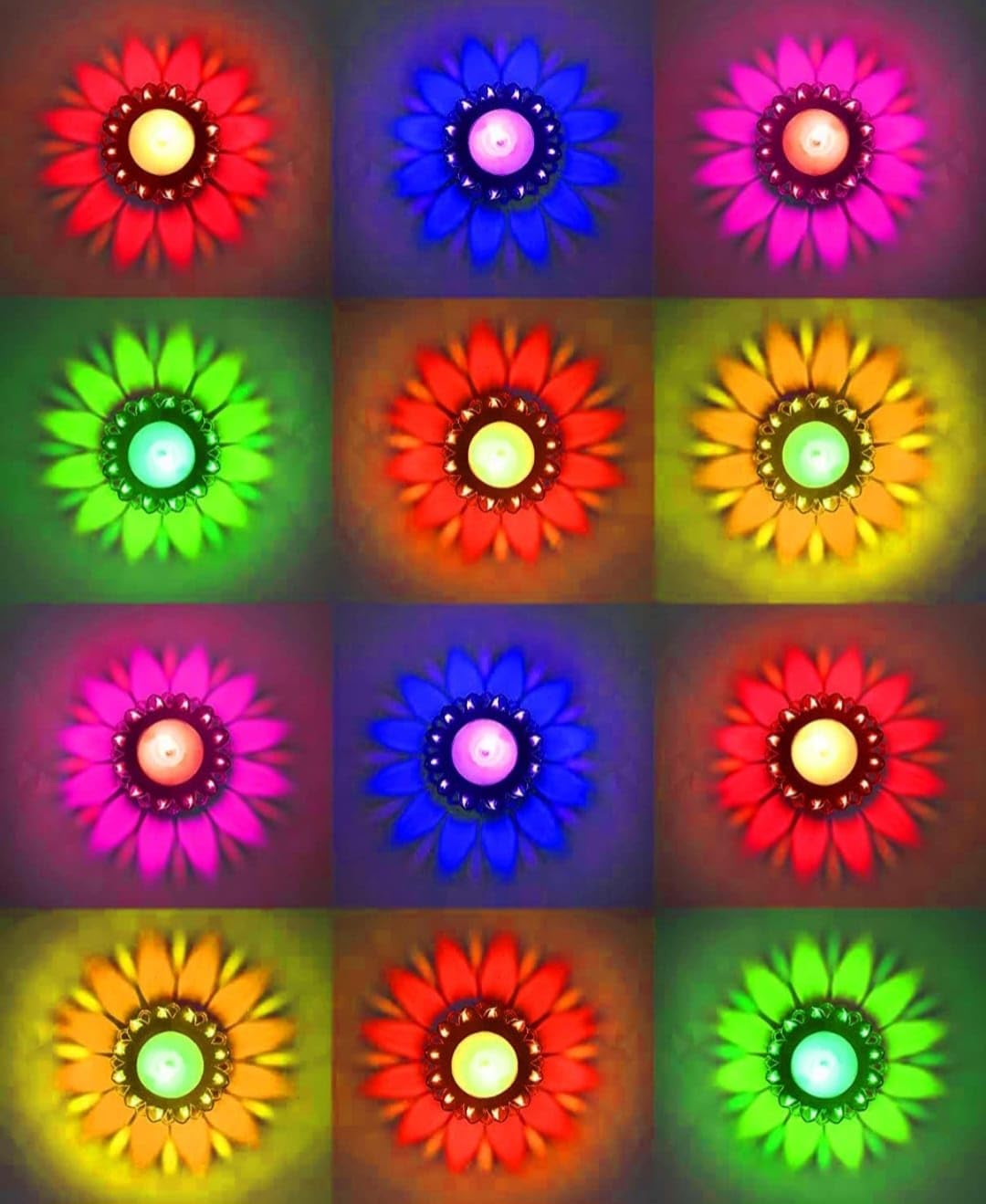 Multicolor Flower Shadow Diyas for Diwali Decoration - Floating LED Water Sensor Tea Light Candles - Sunflower Reflective Shadow Diya Set for Home Decor, Puja Room, Rangoli & Gift (Pack of 12)-image-2