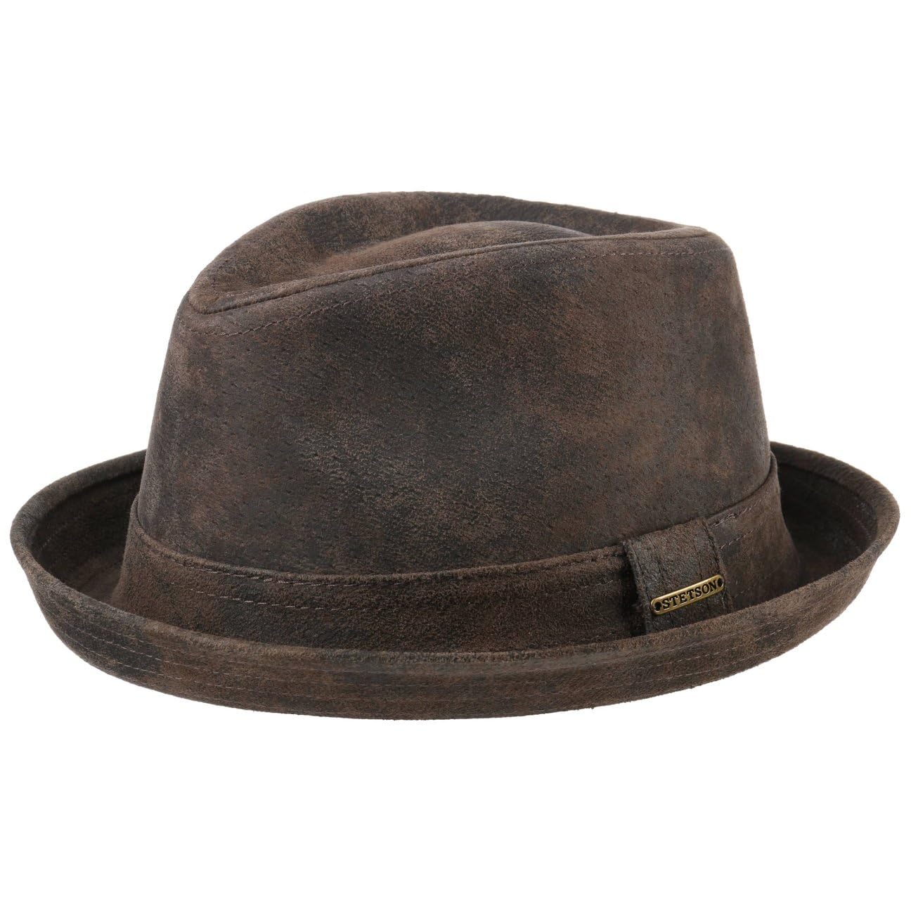 Stetson Radcliff Player Lederhut Damen Herren Pork Pie Leder Fedora Hut mit Baumwollfutter Einfarbiger Ledertrilby Sommer Winter