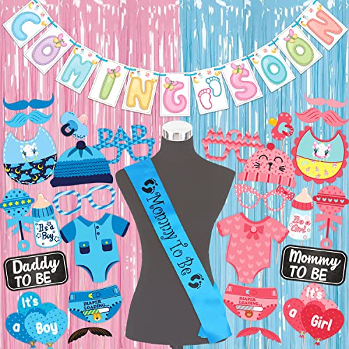 Image of Wobbox Baby Shower Decoration Items| Baby Shower Ceremony Photo Booth Props For Photoshoot, Baby Shower Banner, Mom To Be Sash& Backdrop Foil Curtain, Godh Bharai Ceremony Decoration Kit-(FP1955)
