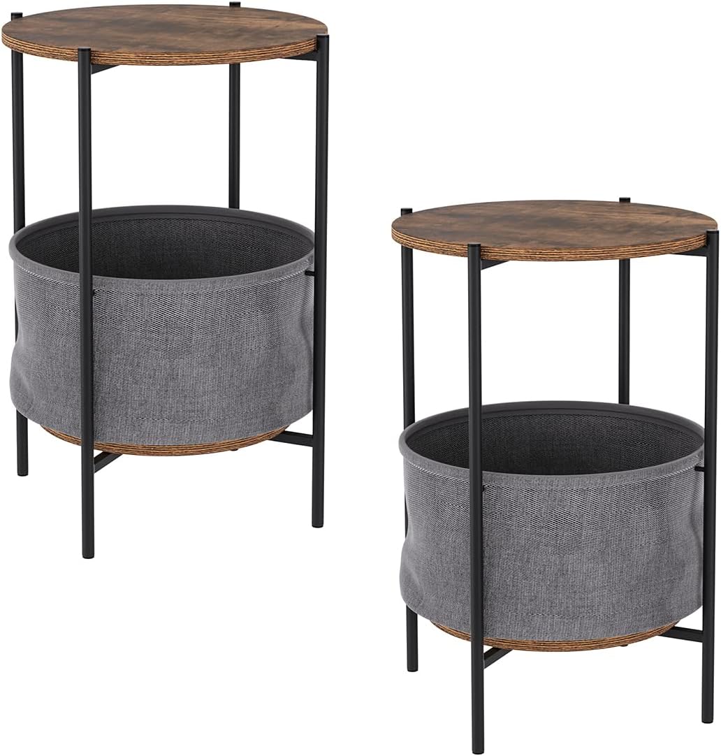 2-Tier Round End Side Table, Vintage Coffee Table with Fabric Storage Basket and Black Metal Frame, Snack Beside Table Wood-Look Accent Furniture for Bedroom Entryway Balcony (2) : Home & Kitchen