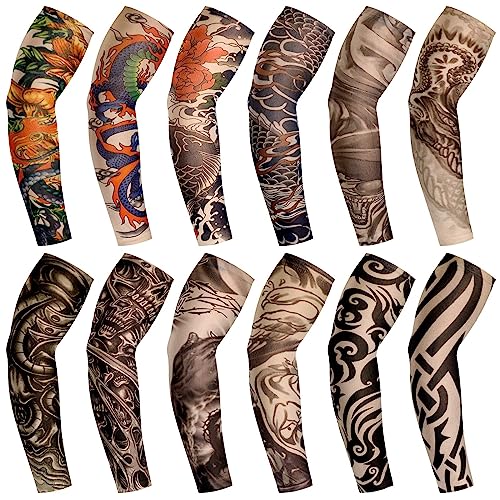 Geyoga 12 Pcs Tattoo Sleeves Fake Arm Sleeves Cover Realistic Soft Elasticity UV Protection for Men Women Working(One Size)
