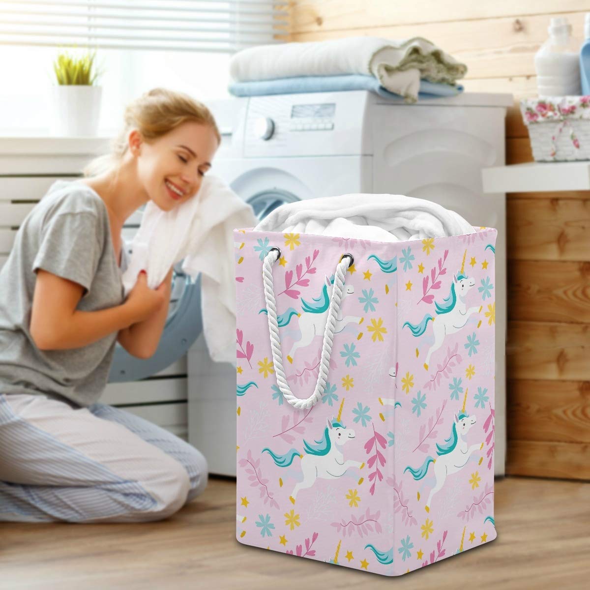 Bolsa de lavandería grande con diseño de unicornio, color rosa