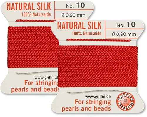 Griffin - Cordón de cuentas de seda natural, 2 unidades, hilo y aguja, tamaño 10, color rojo