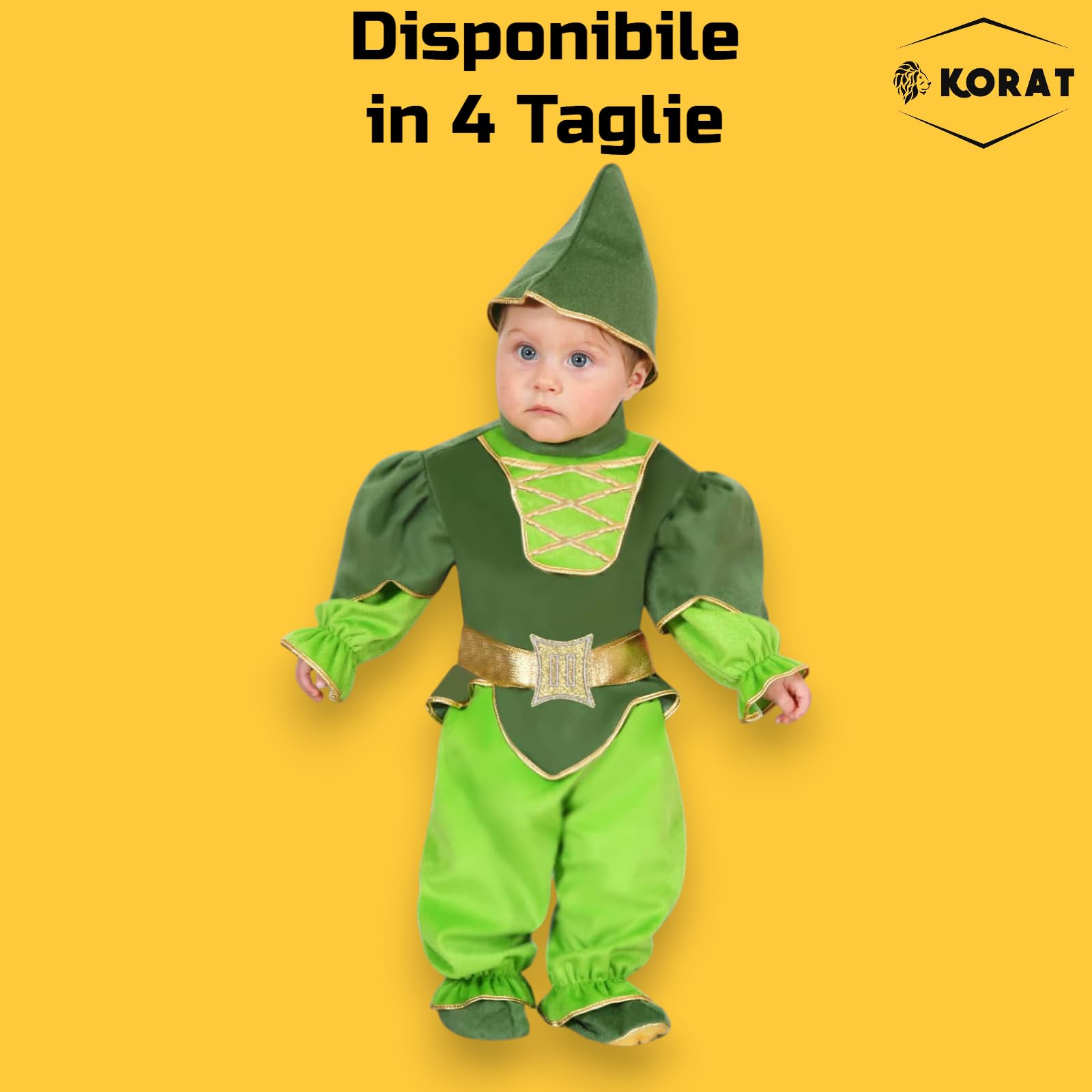 KORAT - Costume Peter Pan Neonato 3/6–13/18 Mesi – Travestimento Carnevale con Cappello Casacca Cintura Pantalone e Copriscarpette – Costume Fiaba Design Italiano per Bambini