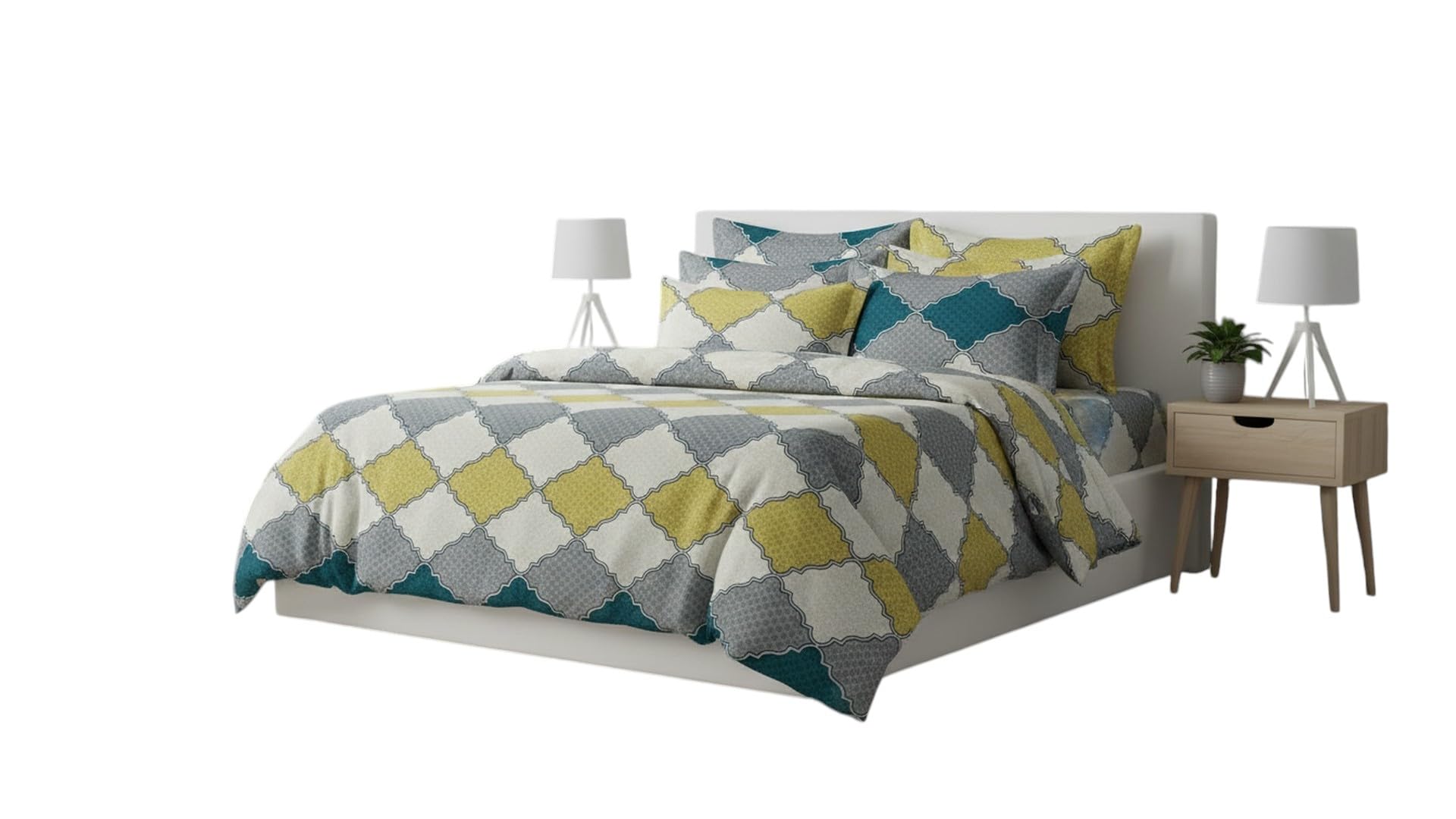 Moroccan Trellis Comforter Set, Teal Yellow Grey Geometric Print | Includes Pillow Shams, Multicolour Pattern, Bedroom Decor, Soft Bedding Set, Queen/King Size-image-8