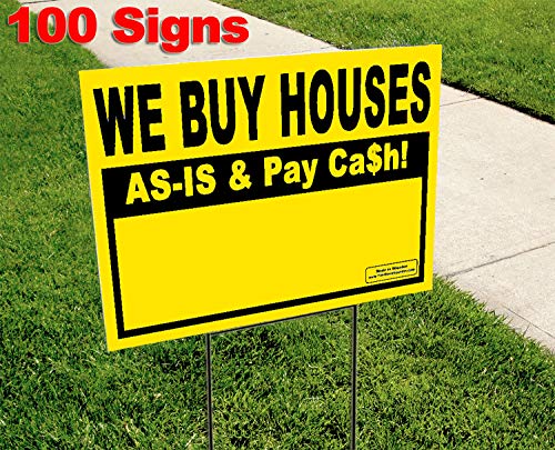 Vibe Ink Bundle 100 Pack - We Buy Houses - As-Is & Pay Cash - Customize Yourself! Write Your Number, Address- Website - Wholesale 18" X 12" Bandit Signs (Yellow) Corrugated Plastic One Sided Yard Sign. Made In America!!! #TOP4