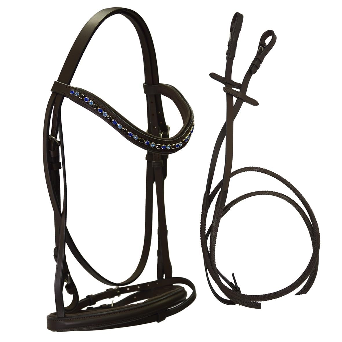 Equivalence Briglia con Redini in Gomma, Frontalino con Cristalli Blu, Nera, PONY