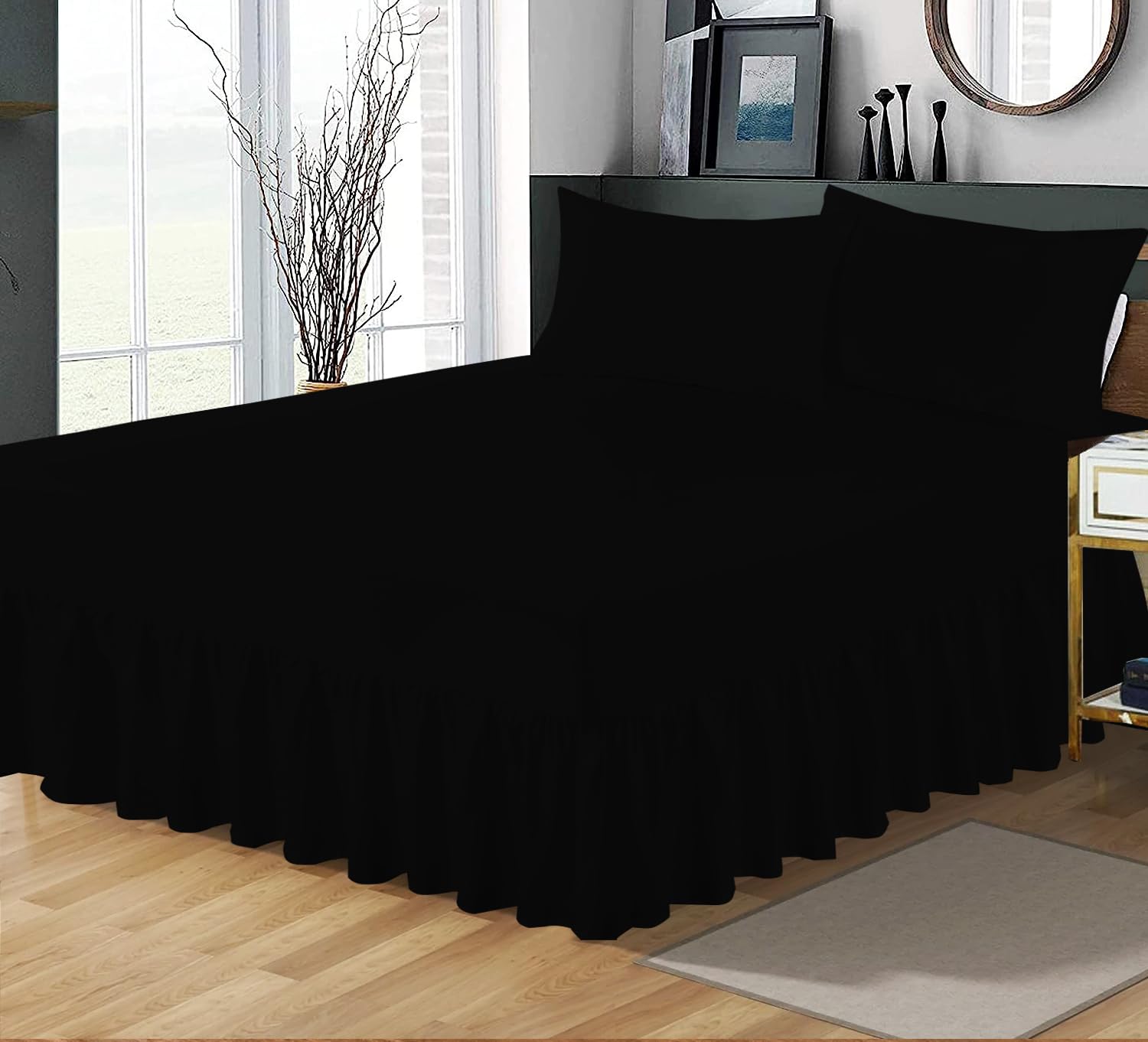 Plain Dyed Frilled Valance Sheet Double Bed Poly Cotton Non Iron Thick Fabric Valance Sheet for Home Decor - Black -135 X 190 + 25 cm + Frill 40 cm