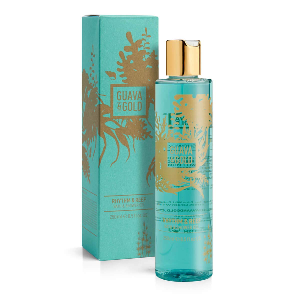 Guava & Gold Rhythm & Reef Bath & Shower Gel 250ml - Luxurious Fine Fragrance, Moisturizing, Vegan, Soft & Nourishing, Phthalate-Free, UK-Made, Tropical Plum Blossom & Driftwood Scent, Award-Winning