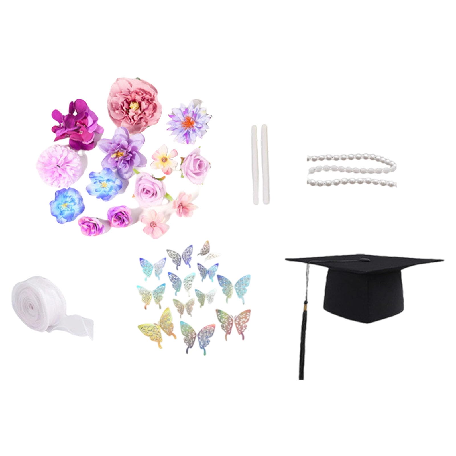Tsophreniq Hat Embellishments with Artificial Flower Pearls Chain Butterfly Sticker for Art Craft Decoration Graduation Hat Craft Set