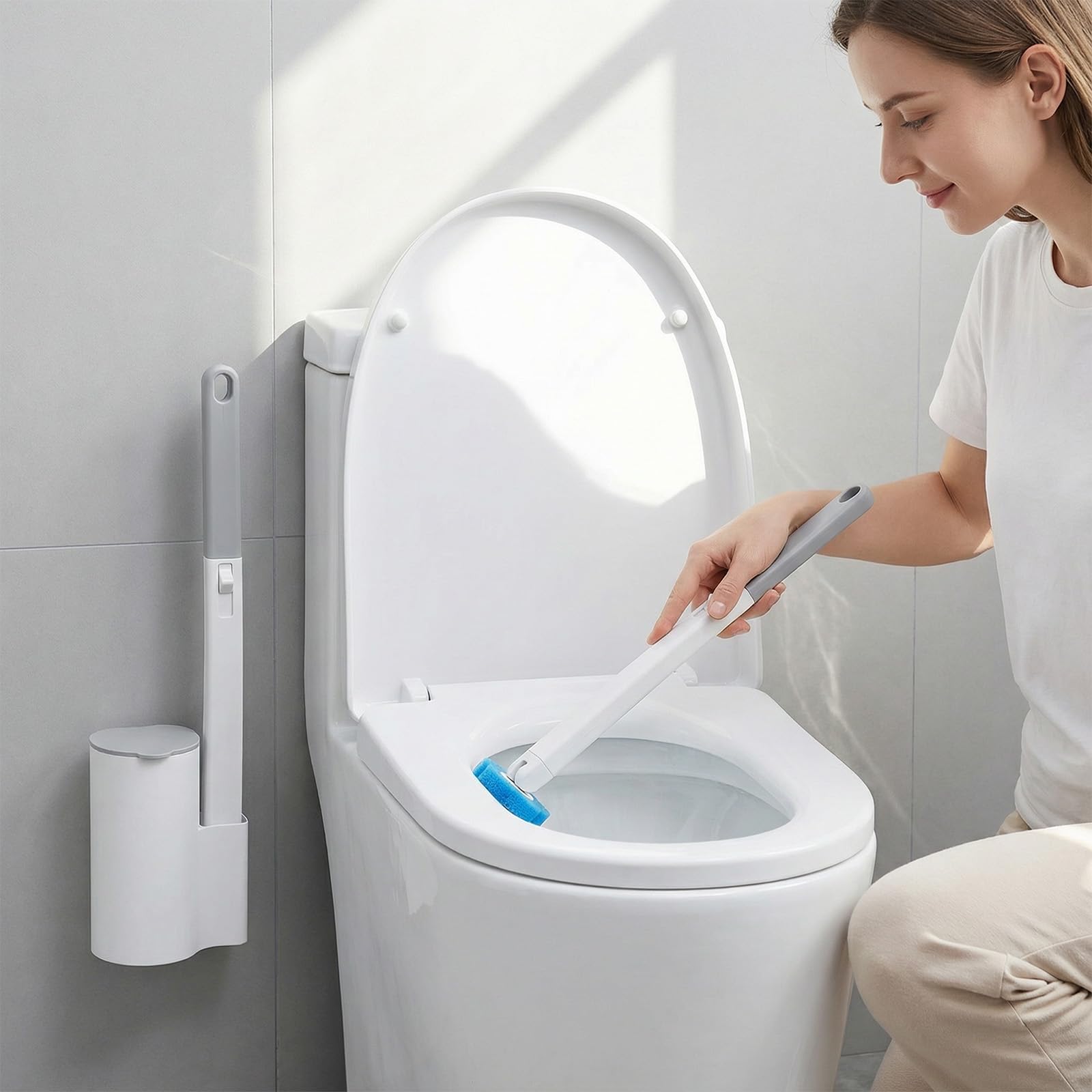 Scopino Bagno WC Usa e Getta, Scopettino a Muro Bagno con Manico Lungo e Testina in Spugna Usa e Getta, Scopino per WC con 48 Ricariche Detergenti per Lavandini e Vasche da Bagno (3 sapori)