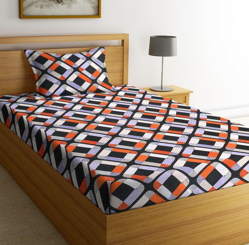 Image of la' amour Pure Cotton 220tc Flat Single Printed Bedsheets for Summer Breathable Wrinklefree Super Soft (Size-60 X 90 Inch or 228x152 cm) with 1 Pillow Covers (Size-17 X 27 Inches White & Black)